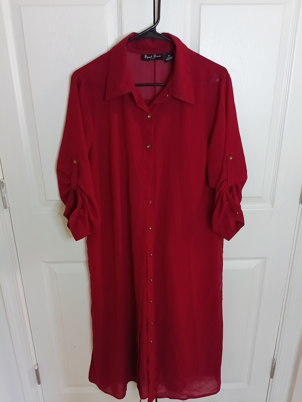 Speed Limit Mph Shirt Dress Women 2X Red Like New Roll-Tab Sleeve Longline